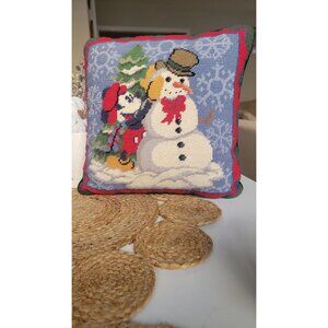 Mickey Mouse Builds a Snowman Throw Pillow Wool Needlepoint and Velvet